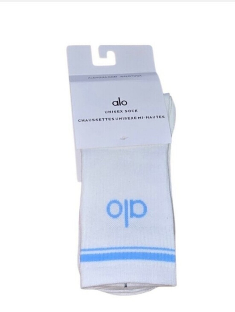 White Crew Socks with Light Blue Logo and Double Stripe